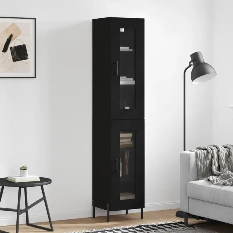 Hoge kast van bewerkt hout met duurzame en stabiele afwerking - Zwart / 1 / 1 glazen deur - Dressoirs & buffetkasten