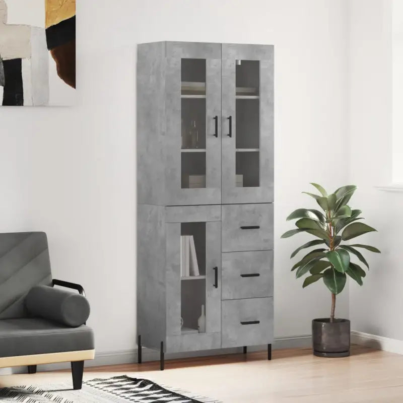 Hoge kast van bewerkt hout met duurzame en stabiele kwaliteit - Betongrijs / 1 / 1 glazen deur 3 lades - Dressoirs &