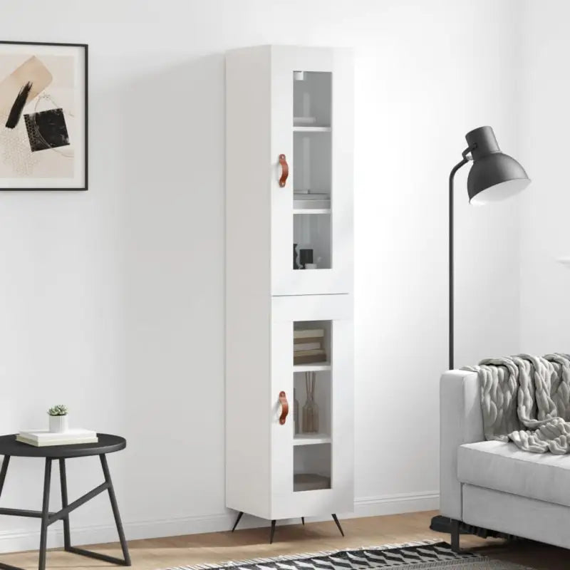 Hoge kast van bewerkt hout met duurzame en stabiele kwaliteit - Hoogglans wit / 1 / 1 glazen deur - Dressoirs &