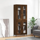 Hoge kast van bewerkt hout met duurzame en stabiele kwaliteit - bruin eikenkleur / 1 / 2 glazen deuren - Dressoirs &