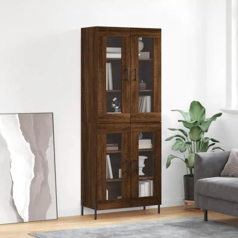 Hoge kast van bewerkt hout met duurzame en stabiele kwaliteit - bruin eikenkleur / 1 / 2 glazen deuren - Dressoirs &