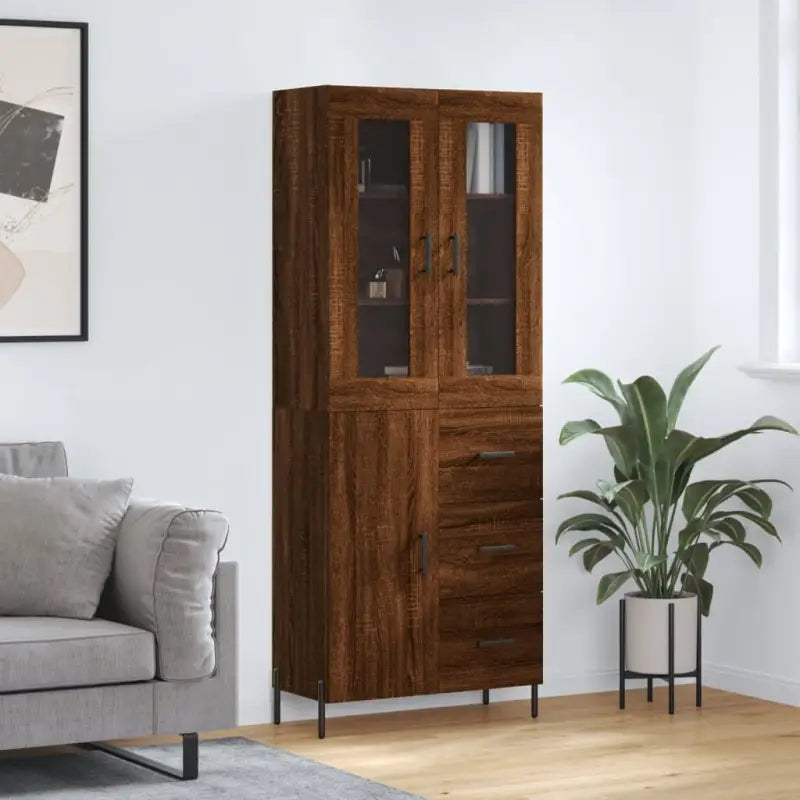Hoge kast van bewerkt hout met duurzame en stabiele kwaliteit - bruin eikenkleur / 1 / 1 deur 3 lades - Dressoirs &