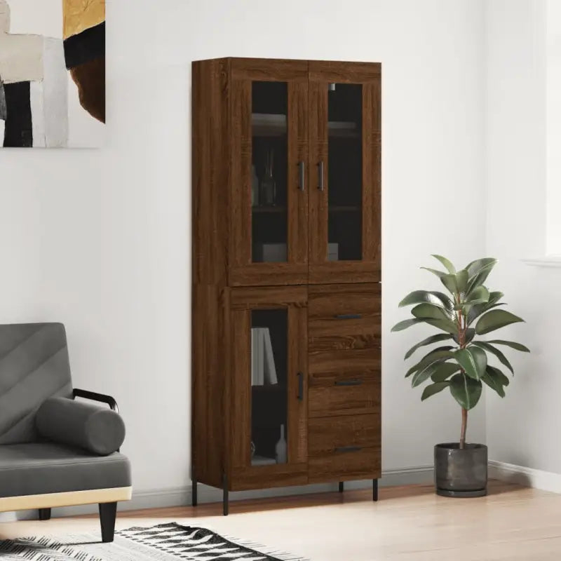Hoge kast van bewerkt hout met duurzame en stabiele kwaliteit - bruin eikenkleur / 1 / 1 glazen deur 3 lades