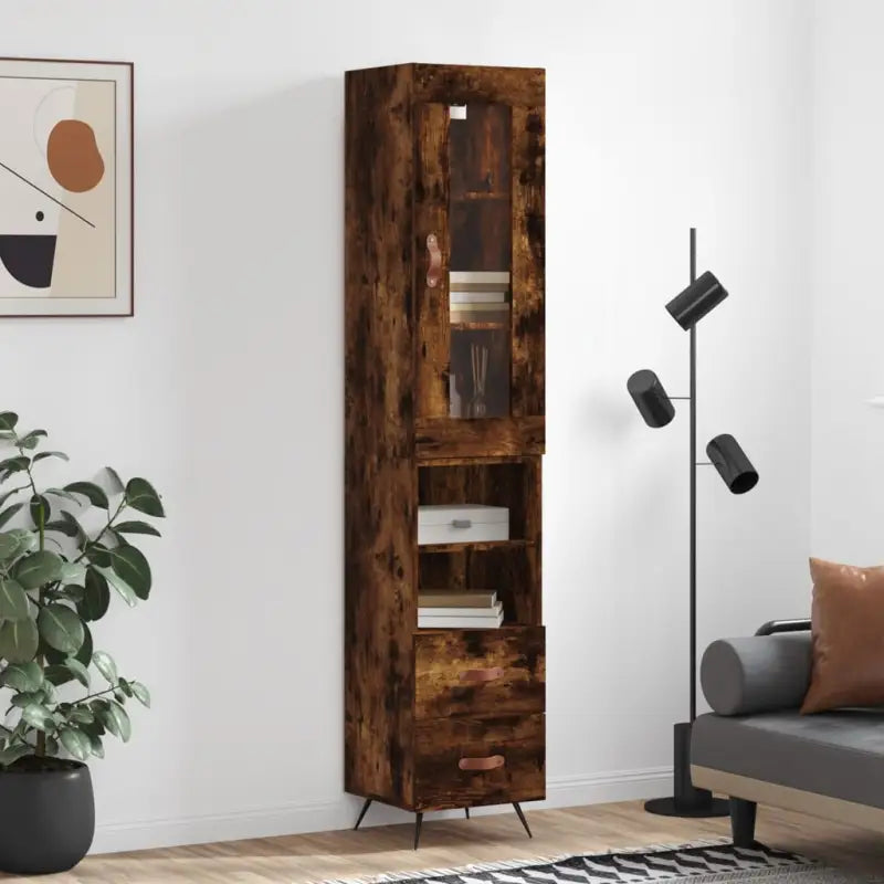 Hoge kast van bewerkt hout met duurzame en stabiele kwaliteit - Gerookt eiken / 1 / 2 lades 2 schappen - Dressoirs &
