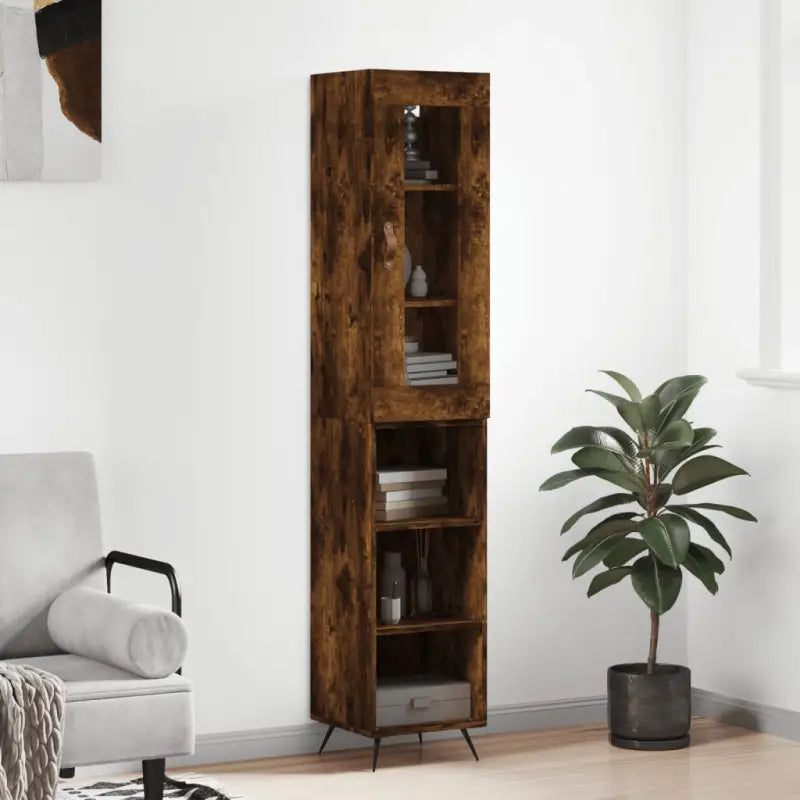 Hoge kast van bewerkt hout met duurzame en stabiele kwaliteit - Gerookt eiken / 1 / 3 schappen - Dressoirs &