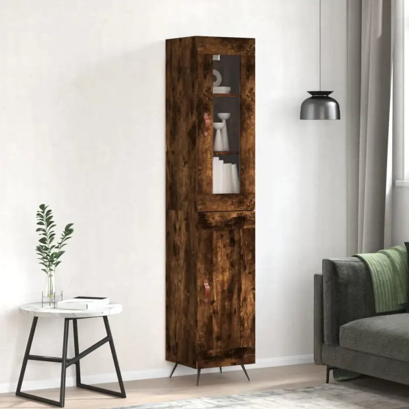 Hoge kast van bewerkt hout met duurzame en stabiele kwaliteit - Gerookt eiken / 1 / 1 houten deur - Dressoirs &