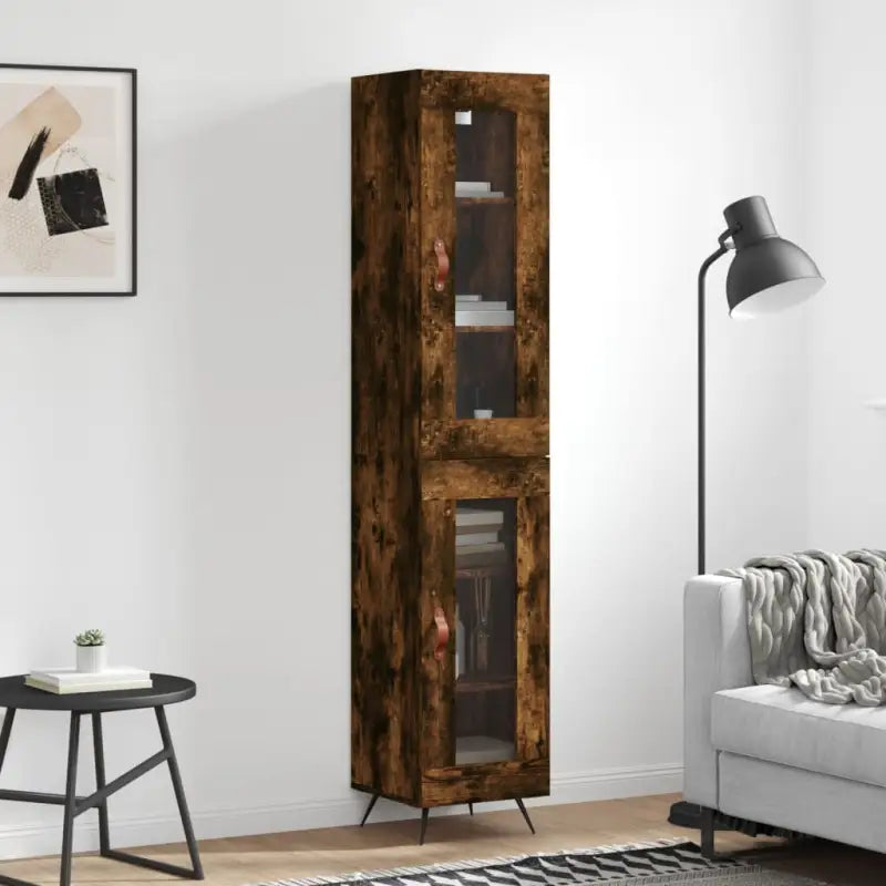 Hoge kast van bewerkt hout met duurzame en stabiele kwaliteit - Gerookt eiken / 1 / 1 glazen deur - Dressoirs &