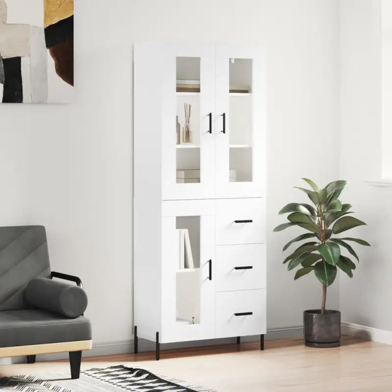 Hoge kast van bewerkt hout met duurzame en stabiele kwaliteit - Wit / 1 / 1 glazen deur 3 lades - Dressoirs &