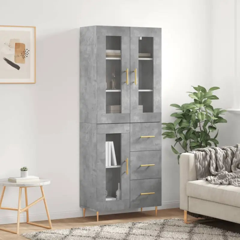 Hoge kast van bewerkt hout met duurzame en stijlvolle afwerking - Betongrijs / 1 / 1 glazen deur 3 lades - Dressoirs &