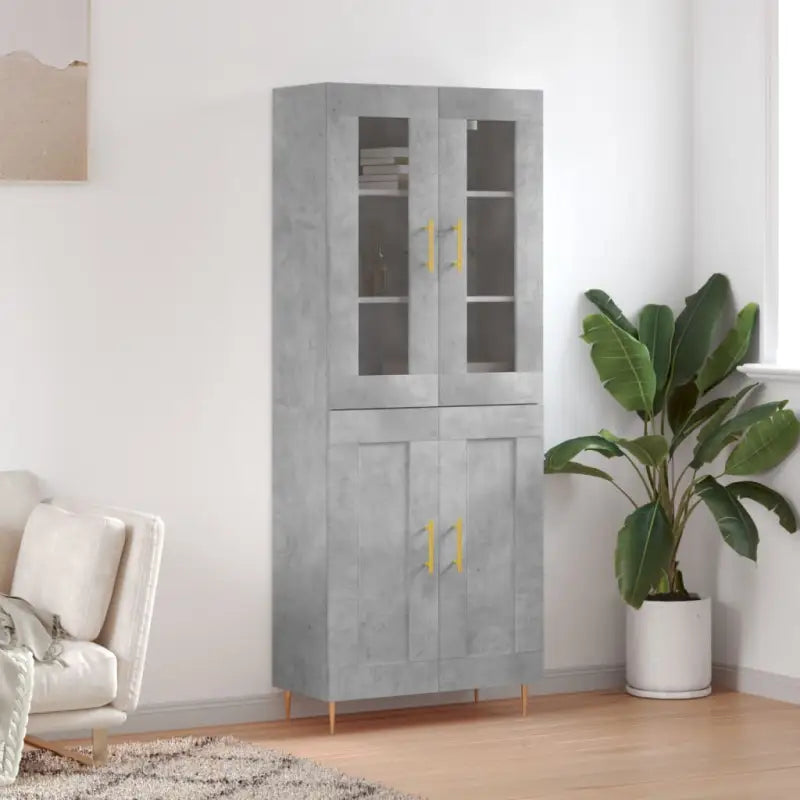 Hoge kast van bewerkt hout met duurzame en stijlvolle afwerking - Betongrijs / 1 / 2 houten deuren - Dressoirs &