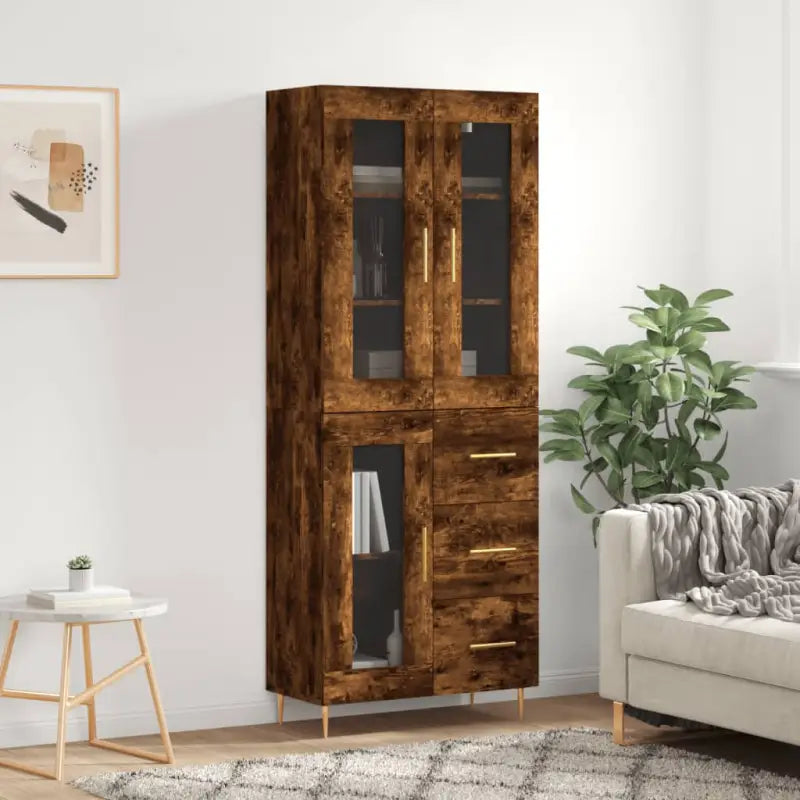 Hoge kast van bewerkt hout met duurzame en stijlvolle afwerking - Gerookt eiken / 1 / 1 glazen deur 3 lades - Dressoirs