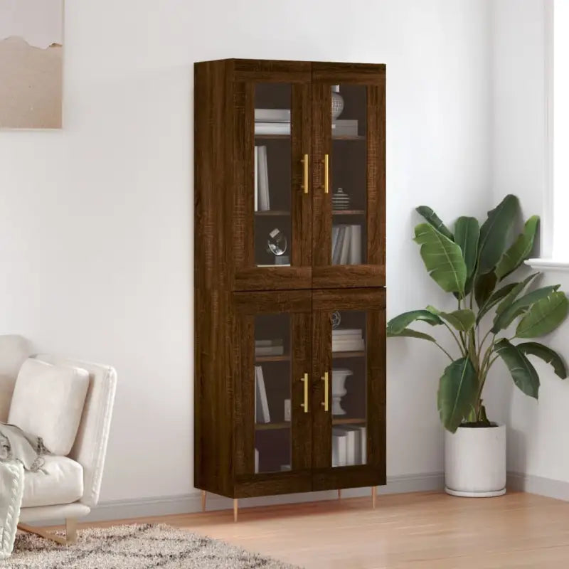 Hoge kast van bewerkt hout met duurzame en stijlvolle afwerking - bruin eikenkleur / 1 / 2 glazen deuren - Dressoirs &