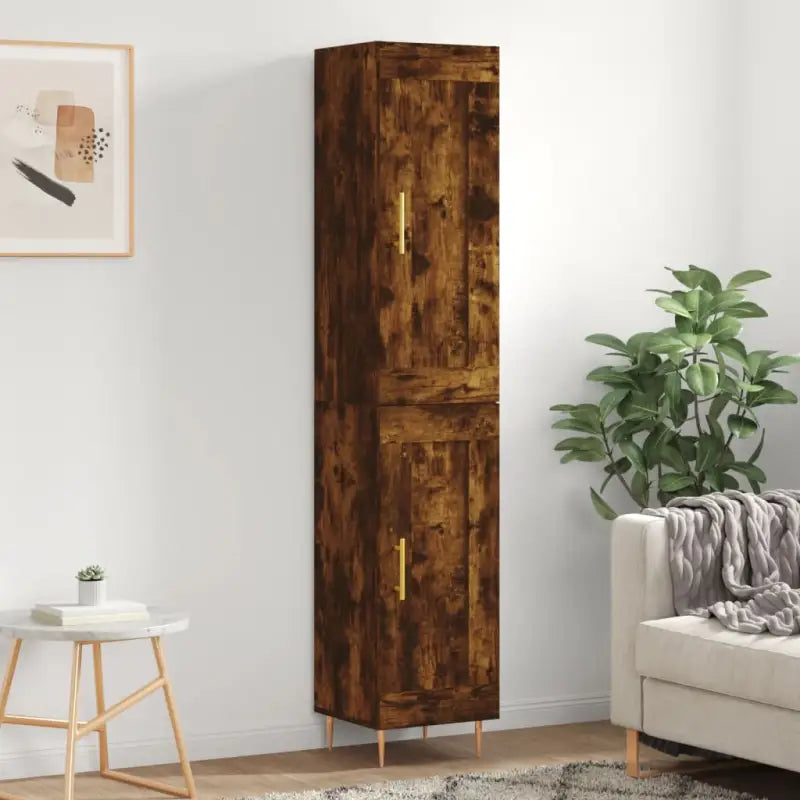 Hoge kast van bewerkt hout met duurzame en stijlvolle uitstraling - Gerookt eiken / 1 / 1 houten deur - Dressoirs &
