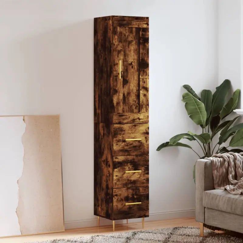 Hoge kast van bewerkt hout met duurzame en stijlvolle uitstraling - Gerookt eiken / 1 / 3 lades - Dressoirs &
