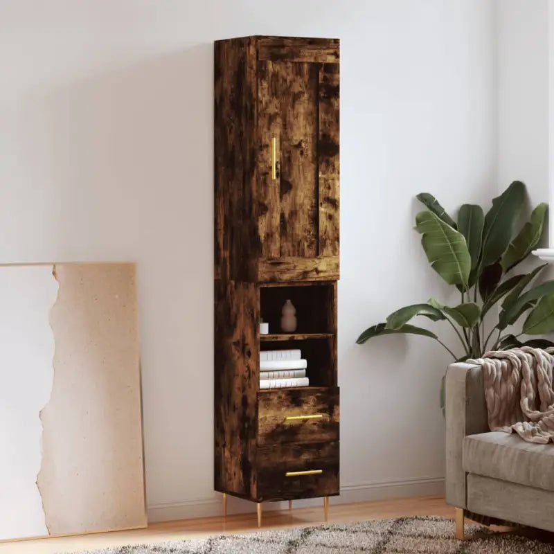 Hoge kast van bewerkt hout met duurzame en stijlvolle uitstraling - Gerookt eiken / 1 / 2 lades 2 schappen - Dressoirs