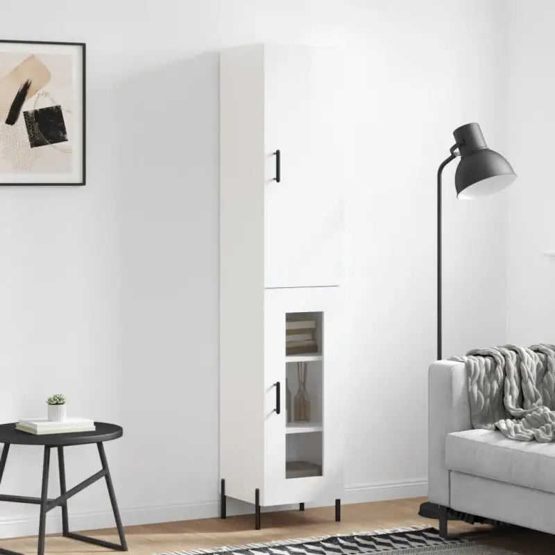 Hoge kast van bewerkt hout met hoogglans wit voor een trendy interieur - Hoogglans wit / 1 / 1 glazen deur - Dressoirs