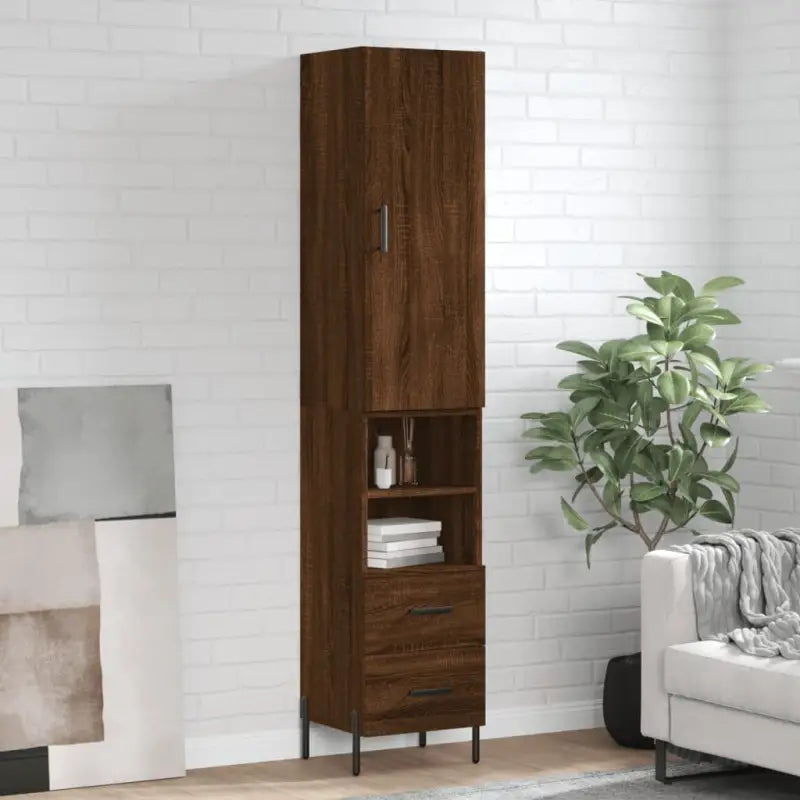 Hoge kast van bewerkt hout met hoogglans wit voor een trendy interieur - bruin eikenkleur / 1 / 2 lades 2 schappen