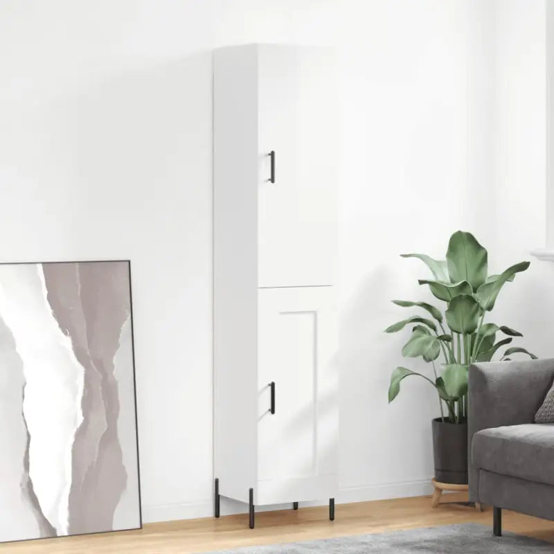 Hoge kast van bewerkt hout met hoogglans wit voor een trendy interieur - Hoogglans wit / 1 / 1 houten deur - Dressoirs