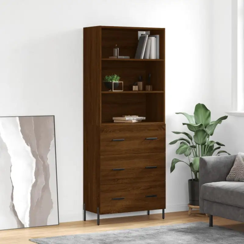 Hoge kast van bewerkt hout met metalen poten voor een moderne uitstraling - bruin eikenkleur / 1 / 3 lades - Dressoirs