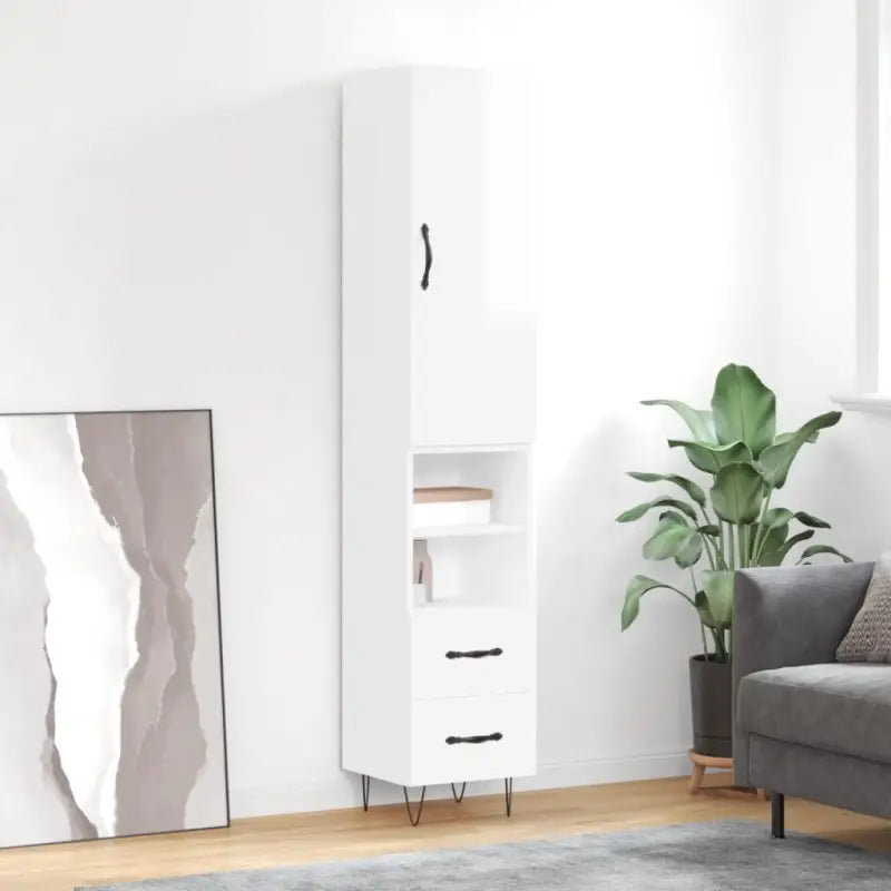 Hoge kast van bewerkt hout met moderne charme en duurzaamheid - Hoogglans wit / 1 / 2 lades 2 schappen - Dressoirs &