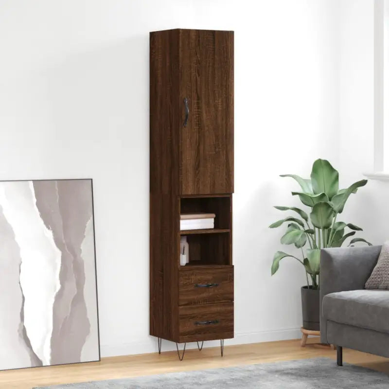 Hoge kast van bewerkt hout met moderne charme en duurzaamheid - bruin eikenkleur / 1 / 2 lades 2 schappen - Dressoirs &