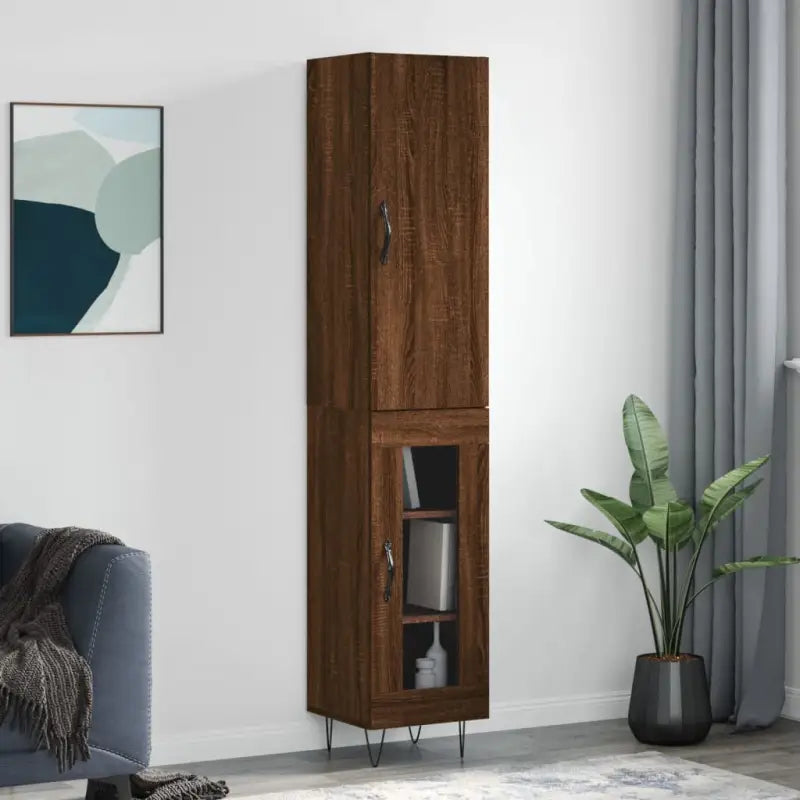 Hoge kast van bewerkt hout met moderne charme en duurzaamheid - bruin eikenkleur / 1 / 1 glazen deur - Dressoirs &