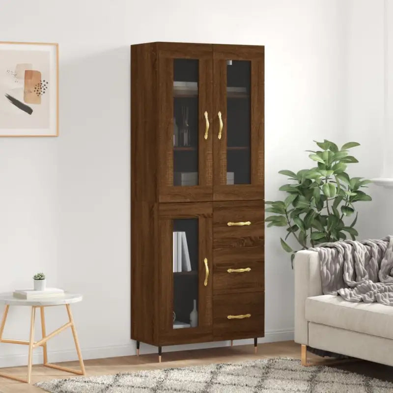 Hoge kast van bewerkt hout met unieke charme en duurzame kwaliteit - bruin eikenkleur / 1 / 1 glazen deur 3 lades