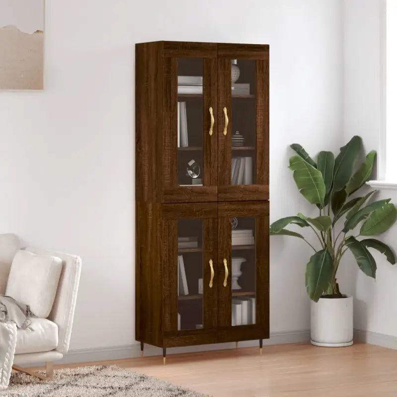 Hoge kast van bewerkt hout met unieke charme en duurzame kwaliteit - bruin eikenkleur / 1 / 2 glazen deuren - Dressoirs