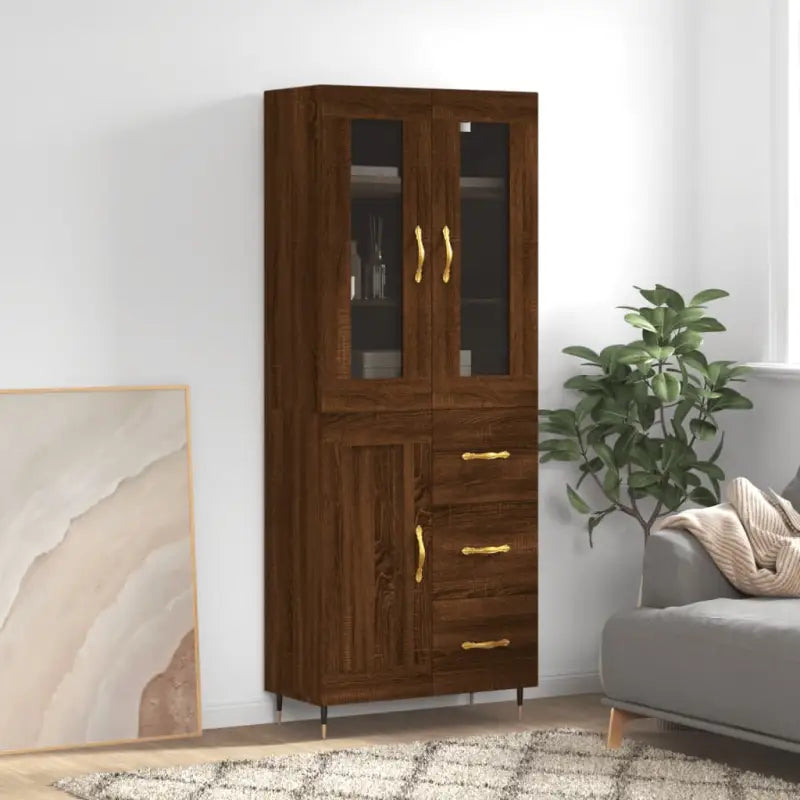 Hoge kast van bewerkt hout met unieke charme en duurzame kwaliteit - bruin eikenkleur / 1 / 1 houten deur 3 lades