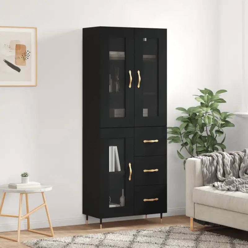 Hoge kast van bewerkt hout met unieke charme en duurzame kwaliteit - Zwart / 1 / 1 glazen deur 3 lades - Dressoirs &