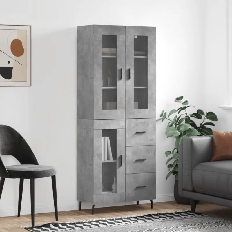 Hoge kast van bewerkt hout voor een stijlvolle en duurzame inrichting - Betongrijs / 1 / 1 glazen deur 3 lades