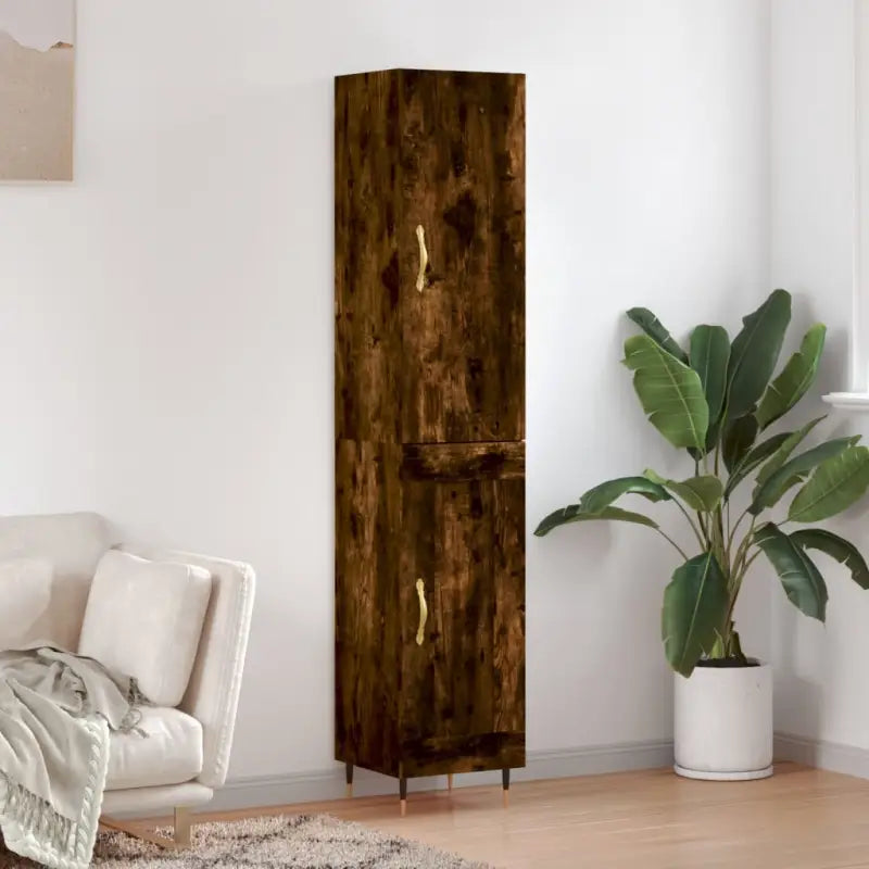 Hoge kast van bewerkt hout voor een stijlvolle en duurzame inrichting - Gerookt eiken / 1 / 1 houten deur - Dressoirs &