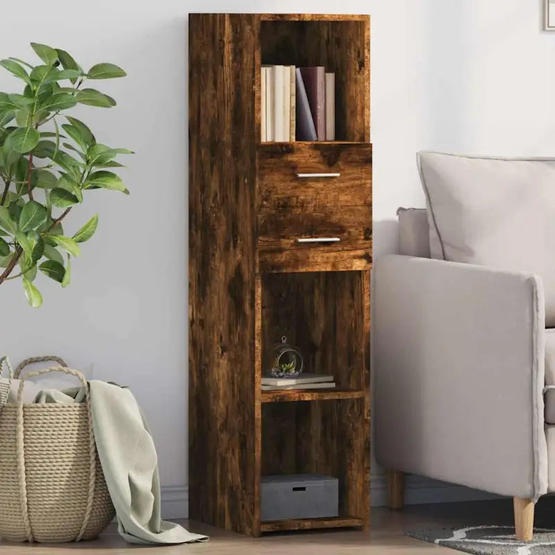 Hoge kast van bewerkt hout voor een stijlvolle woonruimte - Gerookt eiken / 1 - Dressoirs & buffetkasten
