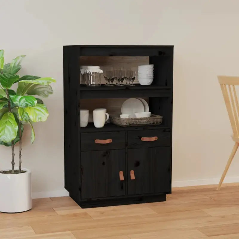 Hoge kast van massief grenenhout voor praktische opbergruimte - Zwart / 1 - Dressoirs & buffetkasten