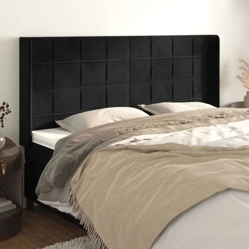 Hoofdborden en voetborden met levering bevat in zacht fluweel - Zwart / 183 x 16 x 118/128 cm / 1 - Hoofdborden