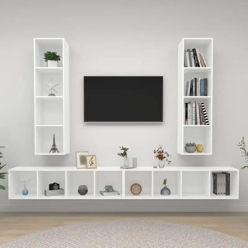Hoogglans grijs TV-meubel met bewerkt hout voor volop opbergruimte - Wit / 4 - Tv-meubels