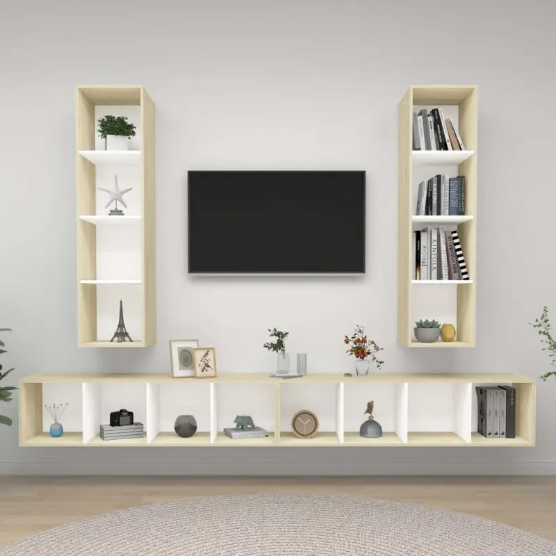 Hoogglans grijs TV-meubel met bewerkt hout voor volop opbergruimte - Wit en sonoma eiken / 4 - Tv-meubels