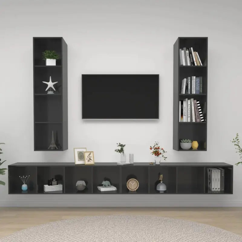 Hoogglans grijs TV-meubel met bewerkt hout voor volop opbergruimte - Tv-meubels