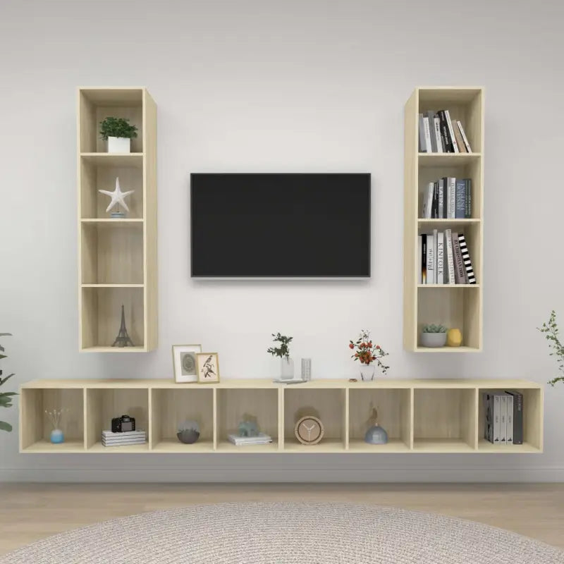 Hoogglans grijs TV-meubel met bewerkt hout voor volop opbergruimte - Sonoma eiken / 4 - Tv-meubels