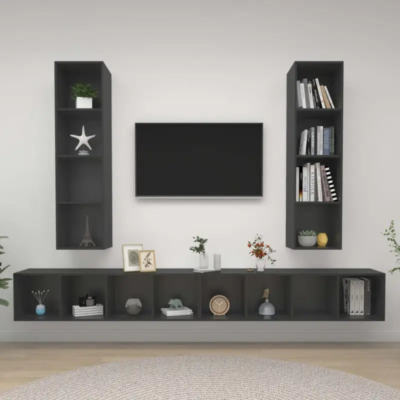 Hoogglans grijs TV-meubel met bewerkt hout voor volop opbergruimte - Grijs / 4 - Tv-meubels