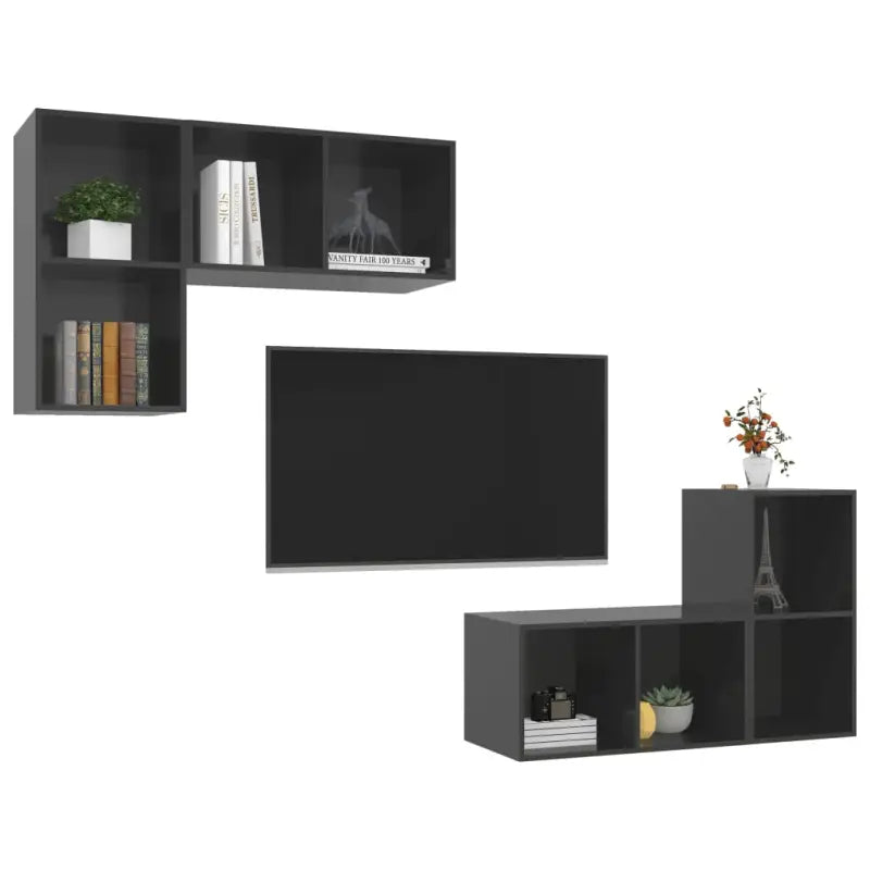 Hoogglans Grijs Tv-Meubelset met Opbergruimte en Wandmontageopties - Tv-meubels