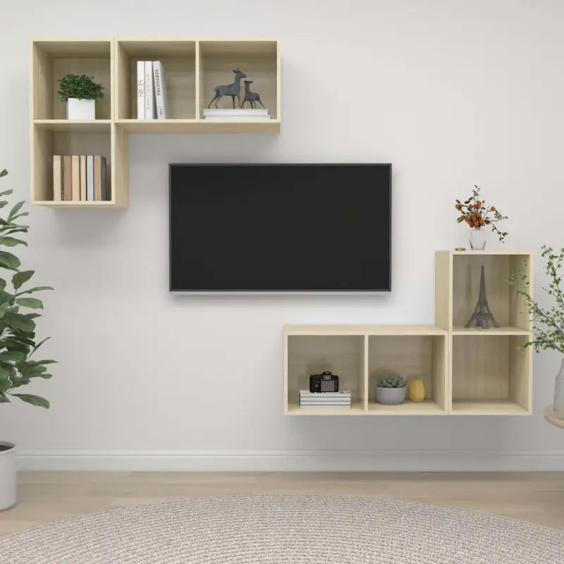 Hoogglans Grijs Tv-Meubelset met Opbergruimte en Wandmontageopties - Sonoma eiken / 4 - Tv-meubels