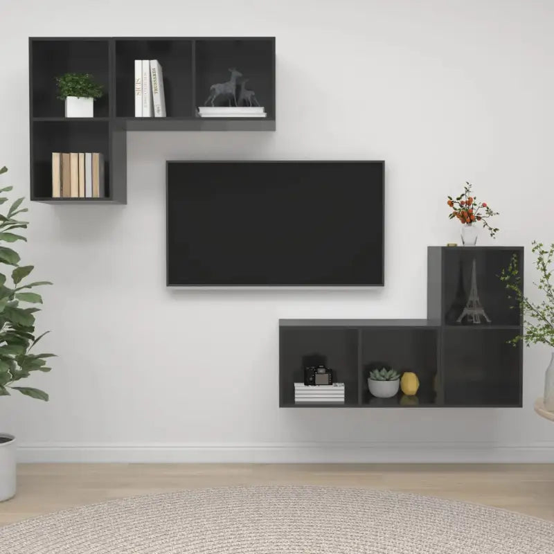 Hoogglans Grijs Tv-Meubelset met Opbergruimte en Wandmontageopties - Hoogglans grijs / 4 - Tv-meubels