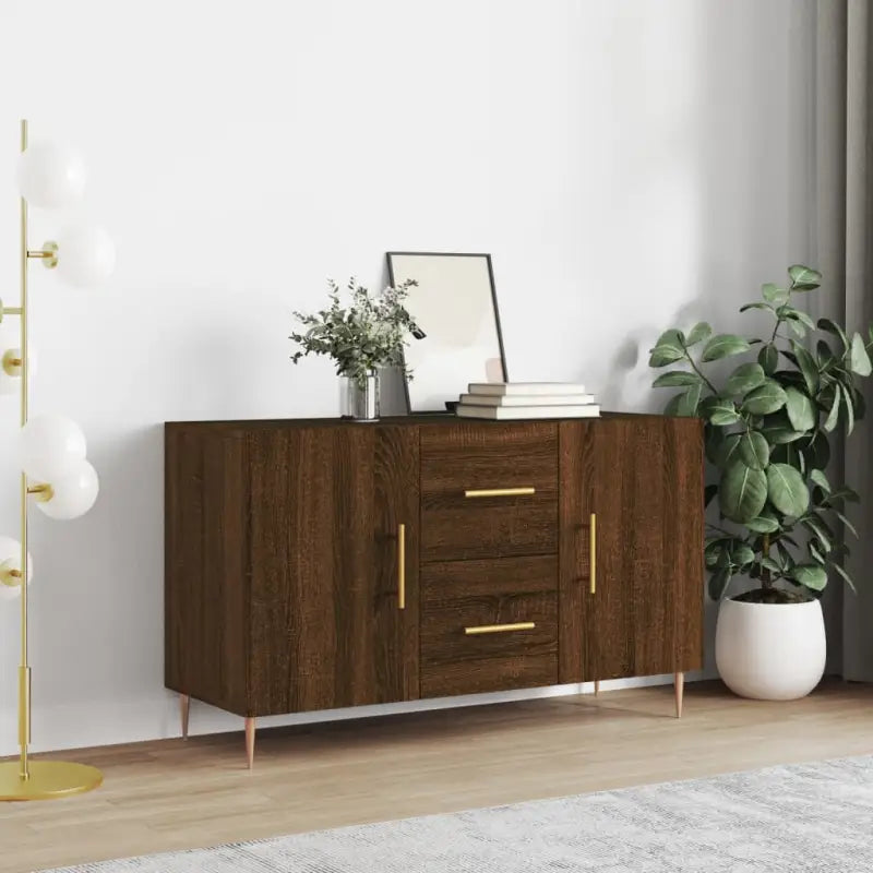 Hoogglans wit dressoir met bewerkt hout en metalen poten - Bruineiken / 1 - Dressoirs & buffetkasten