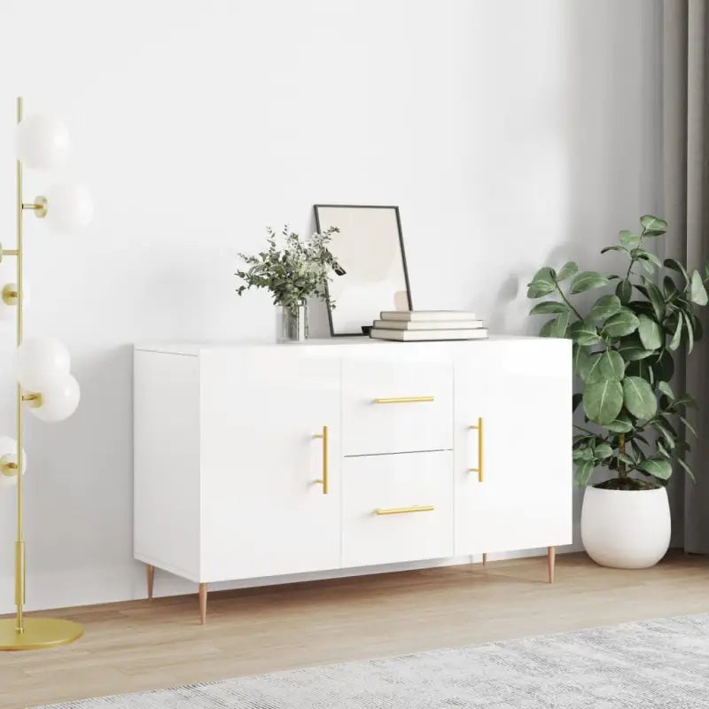 Hoogglans wit dressoir met bewerkt hout en metalen poten - Dressoirs & buffetkasten