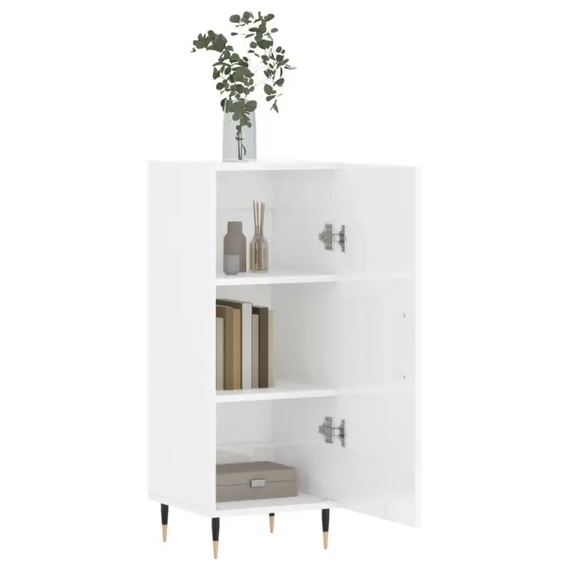 Hoogglans wit dressoir met bewerkt hout en metalen poten - Dressoirs & buffetkasten