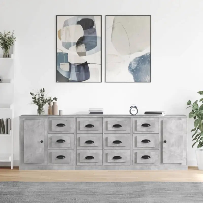 Hoogglans wit dressoir van bewerkt hout met tijdloze uitstraling - Betongrijs / 3 - Dressoirs & buffetkasten