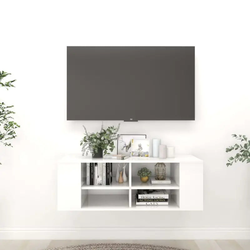 Hoogglans wit Tv-meubel met bewerkt hout en verstelbare opbergruimte - Tv-meubels