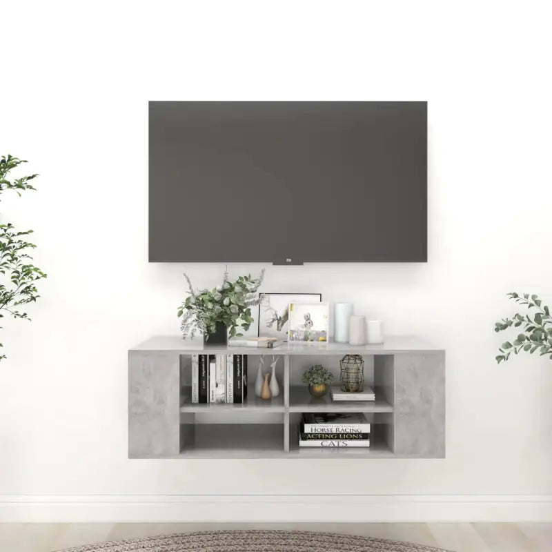 Hoogglans wit Tv-meubel met bewerkt hout en verstelbare opbergruimte - Betongrijs / 1 - Tv-meubels
