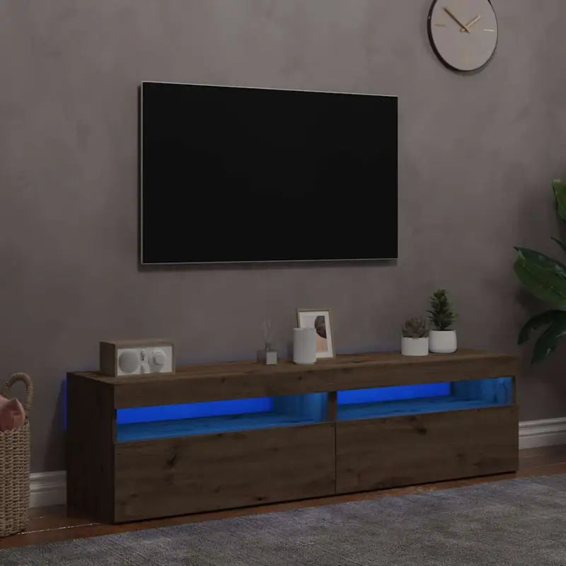 Hoogglans wit tv-meubel met rgb led-verlichting en stevig ontwerp - artisanaal eikenkleurig / 2 / 75 cm - Tv-meubels